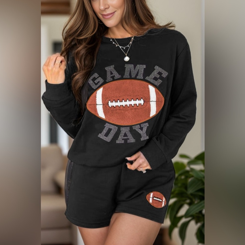 2 - PIECE GAME DAY Football Round Neck Long Sleeve Top and Shorts Set